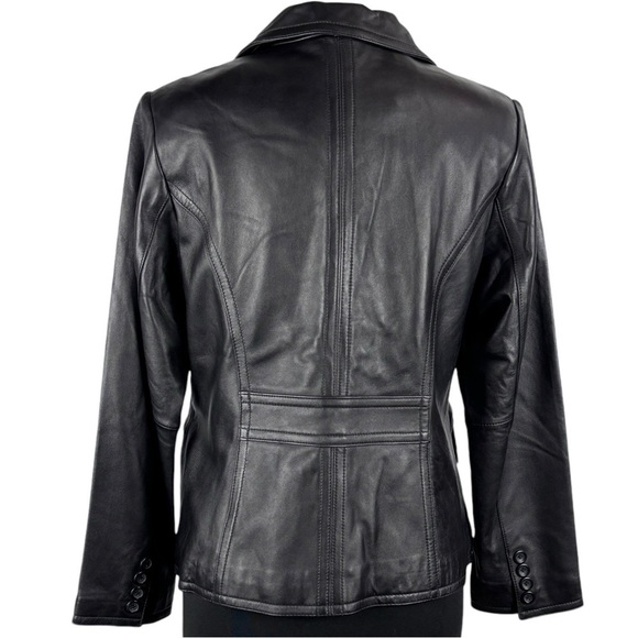 VINTAGE 90S RELATIVITY BLACK LEATHER NOTCHED COLLAR BUTTON DOWN BLAZER JACKET - Picture 7 of 14